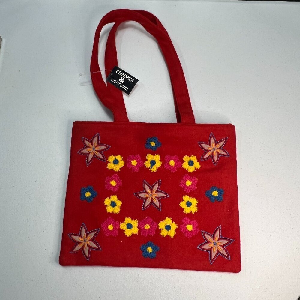 Barganza & Couture Embroidered Felt Tote Bag Red Floral Cottagecore Bohemian VTG